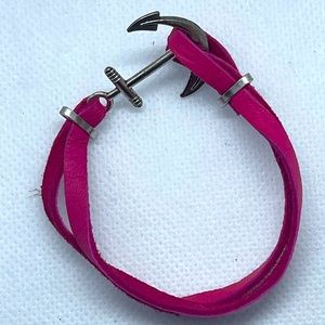 Pink brush metal and leather bracelet